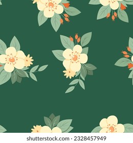 Vintage floral seamless pattern on dark green background