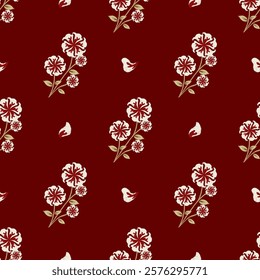 Vintage Floral Seamless Pattern on Burgundy Background - Elegant Decorative Design