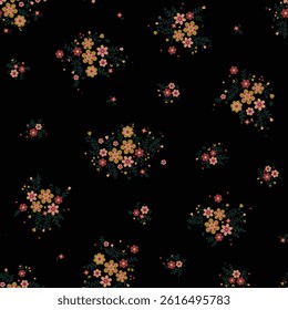 Vintage Floral Seamless Pattern on Black Background for Textile Print for Fabric for winter dress print