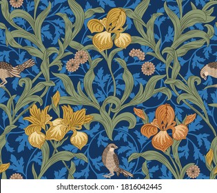 Vintage floral seamless pattern with orange iris and birds on blue background. Vector illustration.