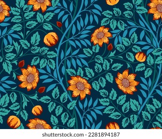 Vintage floral seamless pattern with orange flowers and foliage on dark background. Vector illustration.