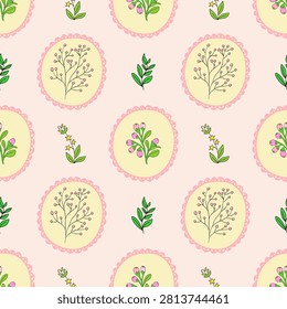 Vintage floral seamless pattern in pastel pink color. Elegant hand drawn botanicals and flower bouquets in lace frames on light pink background. Romantic retro texture for textile, bedding, wallpaper, card.