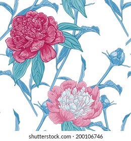 Vintage floral seamless pattern with peonies