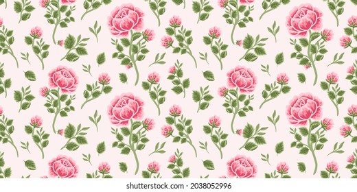 Vintage floral seamless pattern of pink rose bouquet, flower buds and leaf branch illustration arrangements for fabric, textile, women fashion, gift paper, feminine and beauty products