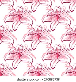 Vintage floral seamless pattern of pink and purple lilies with curved spotted blossoms and long stamens surrounded abstract floral swirls on white background for wallpaper or fabric design