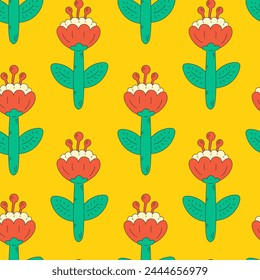 Vintage floral seamless pattern with plump tulips. Modern nature background with flower stem leaf in cartoon retro style. Trendy colorful repeat vector illustration for summer