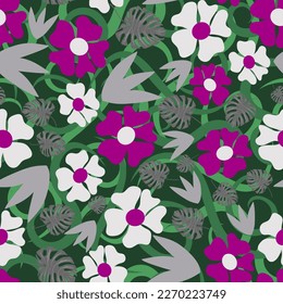 Vintage floral seamless pattern. Purple and white flowers, gray and green leaves and stems are randomly arranged against a dark background. Vector.