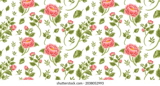 Vintage floral seamless pattern of red peony bouquet, flower buds and leaf branch illustration arrangements for fabric, textile, women fashion, gift paper, feminine and beauty products