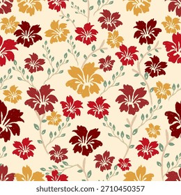 Patrón inconsútil floral de Antiguas con flores rojas y mostaza, motivos de flores texturizadas dibujadas a mano y hojas botánicas suaves sobre fondo crema, diseño de repetición elegante para la tela, Fondo de pantalla