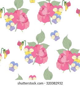 Vintage floral seamless pattern with rose and pansy, hand drawn vector illustration
