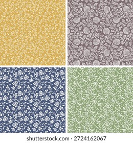 Conjunto de padrões sem emenda floral vintage, 4 ornamentos botânicos monocromáticos em estilo Toile de Jouy para embalagens e artigos de papelaria eco-amigáveis