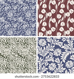 Vintage Floral Seamless Pattern Set with Victorian Roses Tulips and Damask Ornaments in Muted Tones