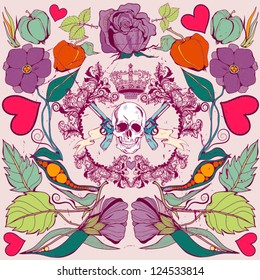Vintage floral seamless pattern with skull /colorful.