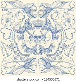 Vintage floral seamless pattern with skull /blue.