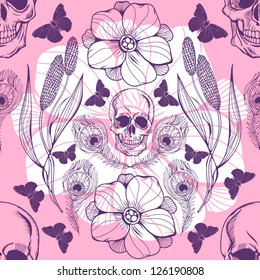 Vintage floral seamless pattern with skull, peacock feather and butterflies /pink.