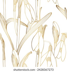 Vintage floral sin patrón con flores de gotas de nieve. Hermoso patrón natural sin costuras con flores de primavera dibujado a mano con líneas doradas sobre fondo blanco. Elegantes plantas con flores en flor. 