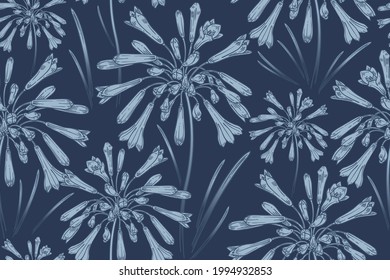 Vintage Floral seamless pattern. Spring background. Vector illustration art. Lovely flowers. Navy blue color. Botanical ornament. Template for wallpaper, paper, textiles.
