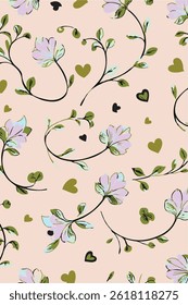 Vintage floral seamless pattern. Spring flowers. Blue and white with love shape
