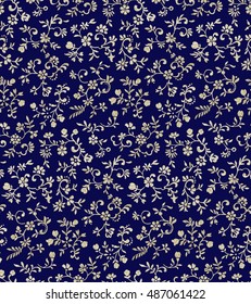Vintage floral seamless pattern with tiny flowers, light textured gold on night blue colored background