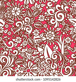 Vintage floral seamless pattern. Vector. Seamless texture with flowers. Endless floral pattern. Colorful floral pattern in folk style with flowers, leaves. Hand drawn. Vector illustration.