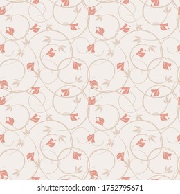 Patrón vintage floral sin costuras. Ornamento vectorial con ramas o ramas rizadas con hojas y flores, brotes. Baldosas de flores simples. Sutil fondo en tonos pastel, rosa y blanco. Elegante diseño de repetición