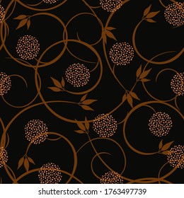 Vintage floral seamless pattern. Vector ornament with curly twigs, leaves, branches, flowers, buds. Retro style wallpapers. Simple abstract floral background. Black and brown color. Repeating design