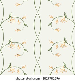 Patrón vintage floral sin costuras. Ornamento vectorial con ramas, líneas, hojas, flores. Millefleurs al estilo de la libertad. Baldosas de flores simples. Fondo abstracto de color verde, blanco y naranja