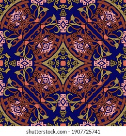 Patrón vintage floral sin costuras. Vector de fondo ornamental de estilo antiguo. Repetir el fondo de Damask. Diseño con patrones. Hermosos adornos arabescos. Ornate flores, hojas, corazones de amor, formas, giros.