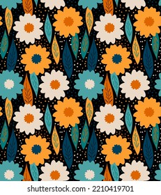 Vintage floral sin costuras, vector. Textura vibrante con flores de estilo hippie