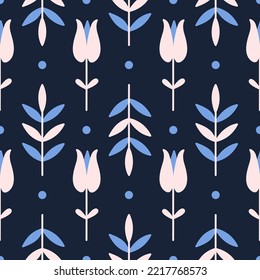 Vintage floral seamless pattern. Vector flat illustration with retro flowers and leaves isolated on a dark background. Symmetric motif for design of fabric, paper, and other surfaces