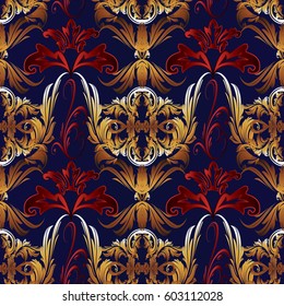 Vintage floral seamless pattern. Vector Damask background wallpaper with 3d gold and red  flowers, scroll leaves and antique Baroque ornaments. Luxury texture for fabric, textile, curtains.