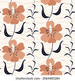 Vintage Blumen nahtlose Muster mit vertikalen Linien von großen rosa Blumen und Kletterpflanzen auf hellrosa, wavy Hintergrund. Ideal für Stoff, Flickenteppich, Tapete.