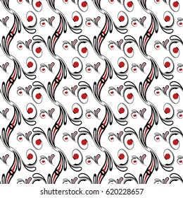 Vintage floral seamless pattern. White vector  background with black and red swirl  flowers, curve line art leaves and antique ornaments. 