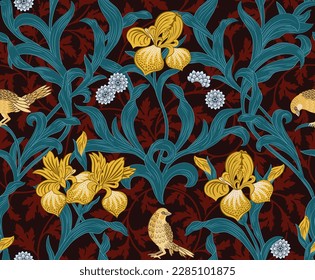 Vintage floral seamless pattern with yellow iris and birds on burgundy background. Vector illustration.