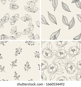 Vintage floral seamless patterns collection. Textures with hand drawn flowers. Elegance wedding delicate backgrounds.