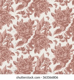 Vintage floral seamless pink pattern with roses, leaves and butterfly.Vector background. Illustration can be use for interior design, artwork,dishes,clothing, packaging, greeting cards, store windows.