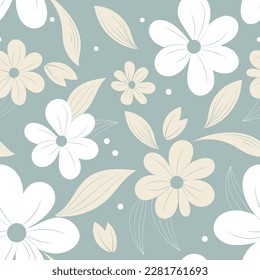 Vintage floral seamless vector  background. Flowers pattern with white flowers on a light blue background. 