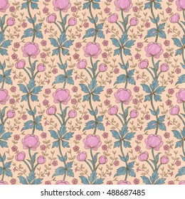 Vintage floral seamless vector pattern with pink flowers
