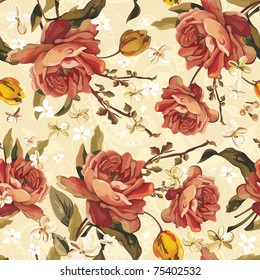 Vintage Floral Seamless vector pattern of the Beautiful Roses. Stylish ornamental illustration texture.