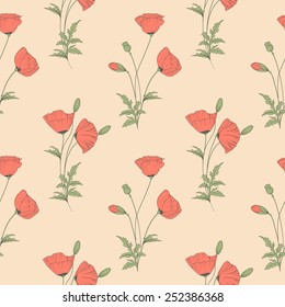 Vintage floral seamless wallpaper of hand drawn poppies. 