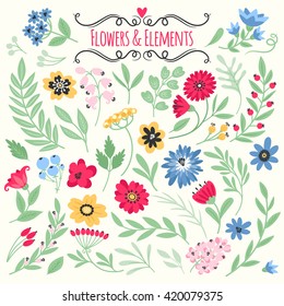 Vintage floral set. Flowers and elements