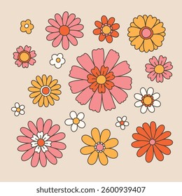 Vintage floral set. Hippie style vector design template with simple flowers.  Nostalgic retro 70s groovy illustration