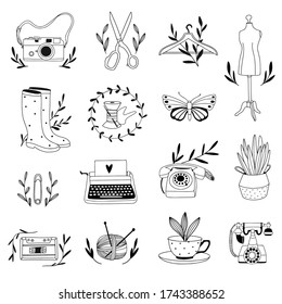 Vintage floral set. Simple floral icons for logo, brand design for handmade business, plant shop, gardening, photography, sewing.  Bohemian line art elements. Outline hand drawn vector collection