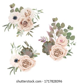 Vintage floral set for wedding card. Greeting composition with rose,  eucalyptus branch, leaves and cactus on white background. Vector illustration. Blossom compositions