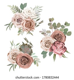 Vintage floral set for wedding card. Greeting composition with rose, peony,  eucalyptus branch, leaves and cactus on white background. Vector illustration. Blossom bouquets