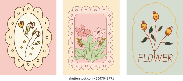 Vintage floral spring doodle hand drawn whimsical frame with wavy line set of cute cards or posters in coquette style.  Shabby chic pastel frames with flower leaves, tulip, pot. Vector illustration 