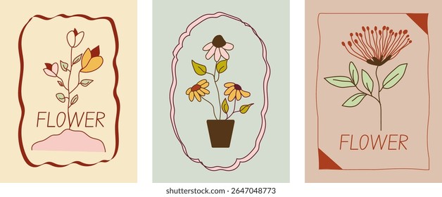 Vintage floral spring doodle hand drawn whimsical frame with wavy line set of cute cards or posters in coquette style.  Shabby chic pastel frames with flower leaves, tulip, pot. Vector illustration 