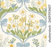 Vintage floral spring garden vector seamless pattern: daffodils, forget-me-nots, cowslips, lilies of the valley, delicate blue ribbon ogees. Botanical cottagecore design with bows and flowers bouquets