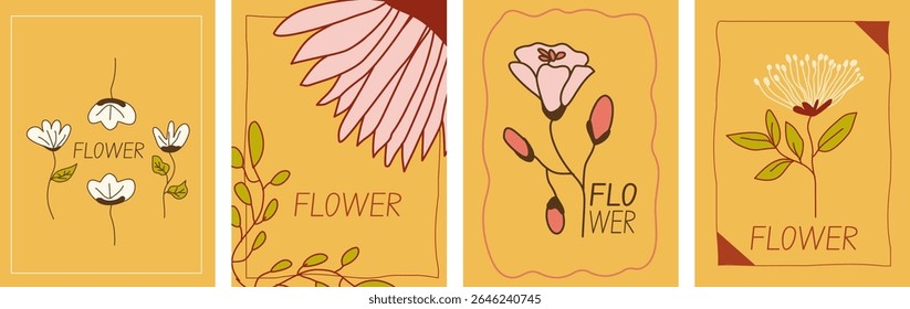 Vintage floral spring set of cute cards or posters in coquette style. Hand drawn whimsical frames with flower leaves, tulip, watering can, daffodil. Vector template for holiday. Doodle floral decorati