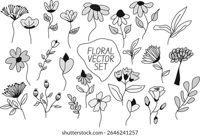 Vintage floral spring set of cute elements in coquette style. Hand drawn whimsical frames with flower leaves, tulip, daffodil., sun flower, meadow.  Vector template for holiday. Doodle floral decorati